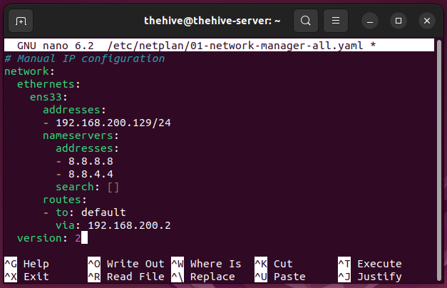 The Hive static IP configuration